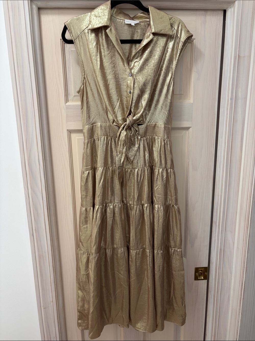 entro Metallic Gold Sleeveless Tie-Front Tiered Midi Dress